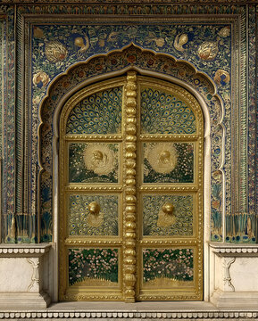 Opulent Gold Door, Intricate Peacock Feathers and Floral Murals under an Arch