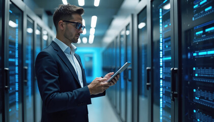 Man in suit with glasses checks tablet in modern server room. Rows of computer racks with glowing blue lights indicate high tech data center operations.