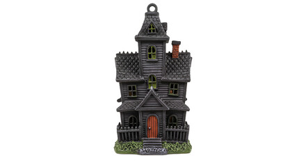 Spooky Miniature Haunted House with Green Windows and Orange Door