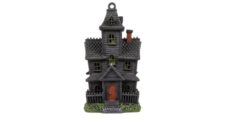 Spooky Miniature Haunted House with Green Windows and Orange Door