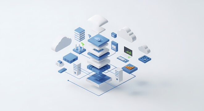 Dynamic cloud infrastructure network visualization with interconnected servers, data flow, and digital technology icons creating a modern tech ecosystem