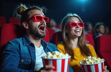 Couple watch 3D movie in cinema wearing glasses holding popcorn buckets. Man and woman share snack, laugh, react to film on big screen together in dark theater.