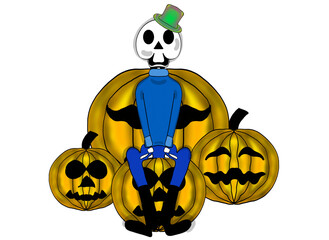 A skeleton in a blue suit sits on a pumpkin head.