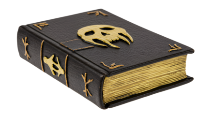 Ancient Leather bound Grimoire with Golden Skull Emblem on Dark Cover