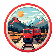 Vintage red train traveling through a scenic mountainous landscape with trees and a bright sunny sky, perfect for travel and adventure themes