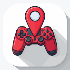 Red gaming controller with a location pin icon symbolizing gaming or virtual reality travel and navigation