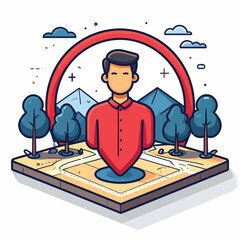 Stylized graphic depicting a human figure as a digital location pin on an abstract map, illustrating concepts of user data, personalized experience, and technological navigation