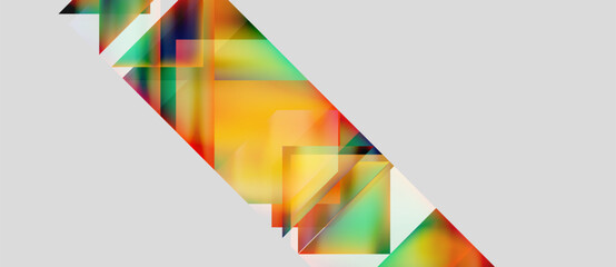 Abstract geometric shapes overlap, creating vibrant color blends. Diagonal composition dominates, with white space present.