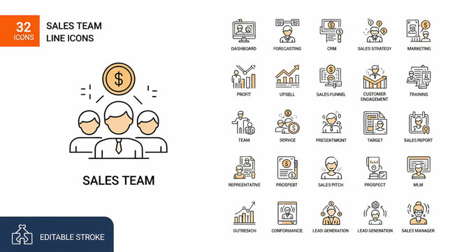 Dynamic sales team icons illustrating profit, strategy, and growth for modern business success and marketing campaigns