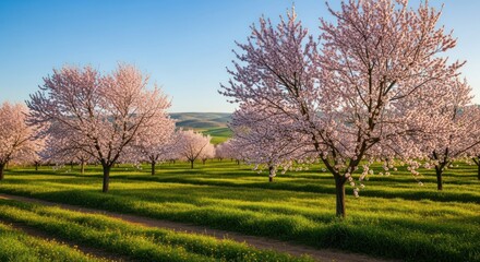 Obraz premium Spring orchard with pink blossoming trees, green fields, dirt path, and rolling hills