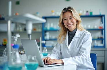 Asian scientist smiles working on laptop in lab. White coat scientist at desk with beakers and flasks. She researches data, conducts experiment, analyzes results in laboratory setting with equipment.