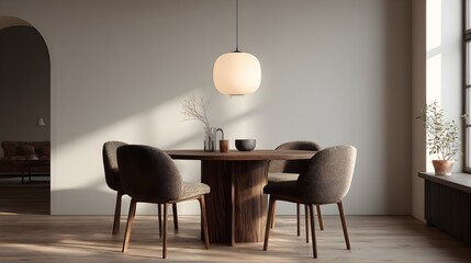 Modern dining room features a round wooden table illuminated by a pendant light in a neutral color scheme.