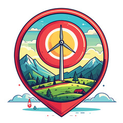 Eco-friendly location pin icon featuring a wind turbine in a scenic mountain landscape, symbolizing sustainable energy and green travel