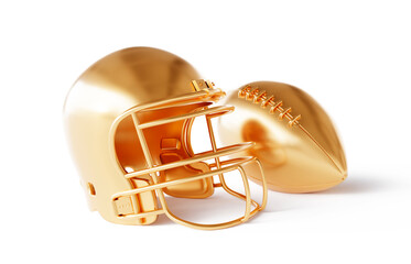 Golden american football helmet and ball isolated on white background