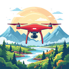Aerial Perspective A Red Drone Soaring Over a Scenic Landscape of Mountains and River
