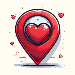 A red heart inside a location pin icon with smaller hearts around it
