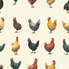 Minimal chicken pattern with multiple breeds in soft tones, seamless rustic wallpaper for home decor.