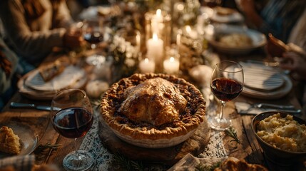 Fototapeta premium Golden chicken pie sits as centerpiece on table du autumn celebration with friends and family together.
