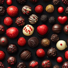 Colorful chocolate truffle pattern with red, gold, and dark tones, festive dessert wallpaper design.