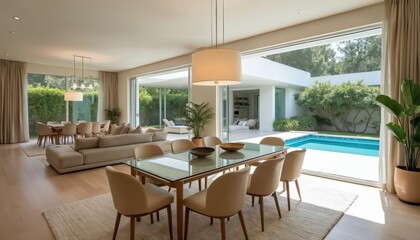 Fototapeta premium Modern open-plan home interior features dining area, living room, and pool view. Furnished space with contemporary decor and elegant furniture.