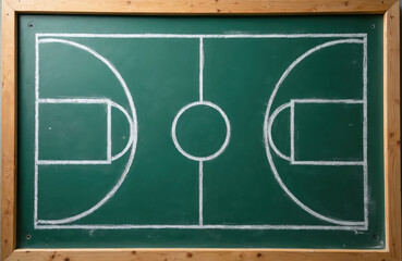 Basketball court drawn with white chalk on green chalkboard background. Detailed court diagram shows free throw lines, key, circle markings around baskets. Illustrates sport game plan, strategy,