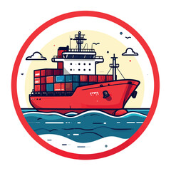 A stylized vector icon of a red container ship sailing on the ocean, representing global trade, maritime logistics, and freight transportation