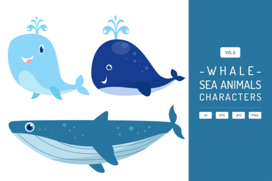 Pixel Art Whales with Blue Color Palette and Transparent Background