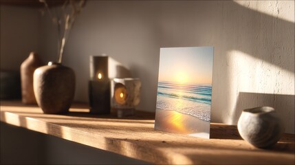 Golden sunset beach photo evokes peaceful memories displayed with lit candles and vases on a wooden shelf in warm light