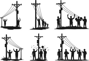 Silhouette of people protesting electricity issues, standing under utility poles, demanding power supply, energy crisis, cable repair, blackout, community demonstration