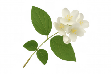 Jasmine branch showcasing tiny white flowers with delicate petals and green leaves, transparent background