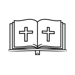 Obraz premium Open book with a cross on each page, representing faith and religious beliefs, with a bookmark visible