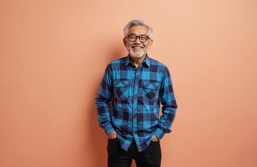 Fototapeta premium Smiling Asian senior man with grey hair wears blue checkered shirt and glasses. He stands casually with hands in pockets against a peach backdrop.