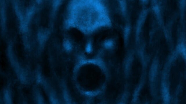 Gloomy ancient skull mask with glowing eyes. Scary 2D animation. Evil ghost in smoke. Horror fantasy genre. Dark spirit cave. Animated video clip. Creepy short film for spooky Halloween and Vj loops.