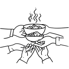 Line art depicting multiple hands offering and receiving steaming bowls of food, symbolizing community support, charity, and shared sustenance for those in need