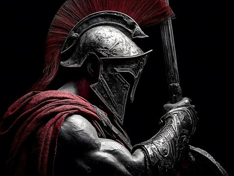 Powerful warrior figure, donned in detailed metallic armor with a red cape and plume, holding a sword and shield with an intense gaze, positioned against a stark black background, showcasing strength