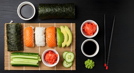 Gourmet sushi rolls with fresh salmon and wasabi are presented as a healthy appetizer on a sleek black restaurant plate