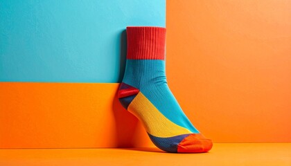 パステルオレンジ面とティール壁に置かれたカラフルソックスの1980年代ポップ静物