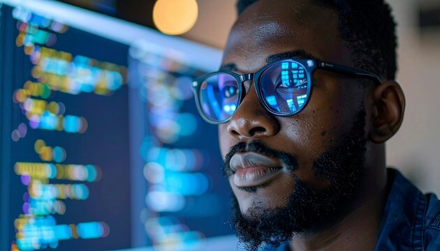 Black man working on computer, Lines of code language reflecting on his glasses.