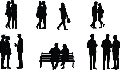 Silhouettes of people talking, walking, and sitting, couple and friends communication, social interaction vector illustration, black human shapes design