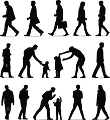 Silhouettes of people walking, parents and children interaction, family moments, urban life, diverse ages, black figures, casual poses, connection, care
