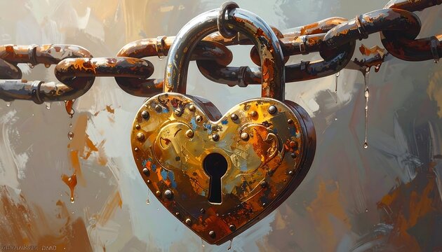 Rustic heart-shaped lock and chain against a painterly backdrop