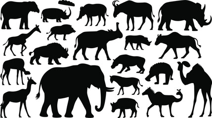 Silhouettes of wild animals, African wildlife, elephant, giraffe, rhinoceros, camel, buffalo, natural habitat, safari animals, nature, mammal silhouettes, 