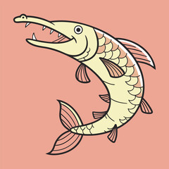 Alligator Gar Fish Cartoon Vector Illustration Isolated on White Background