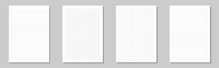 Fototapeta na wymiar Lined and checkered sheets paper. Collection of blank notebook paper sheets with binder holes, design with lines. Paper page isolated, dots and cells notebook pattern