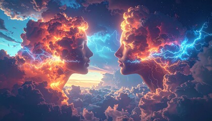 Profiles connected by lightning amidst clouds