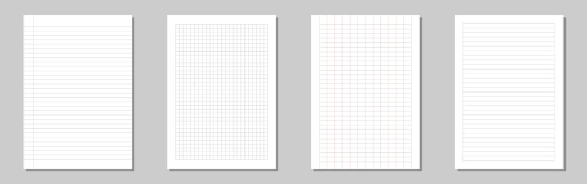 Lined and checkered sheets paper. Collection of blank notebook paper sheets with binder holes, design with lines. Paper page isolated, dots and cells notebook pattern