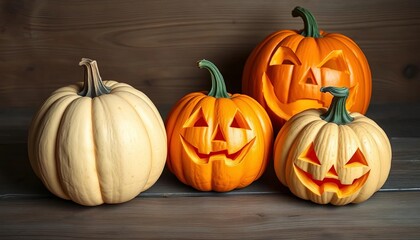 Three carved pumpkins, varying sizes, on rustic wood , orange, pumpkin