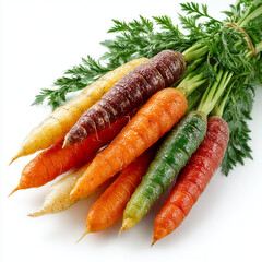 Colorful carrots with green tops tied together on a white surface in a close up view from above