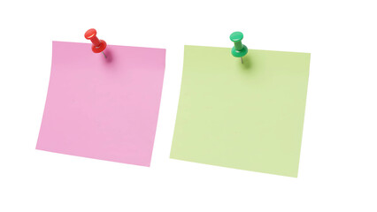 pastel sticky notes in pink, yellow, and green colors with pins, isolated on white background for design and stationery concepts.