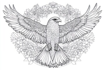 Obraz premium Majestic falcon soaring with open wings encircled by a floral wreath, symbolizing freedom and nature
